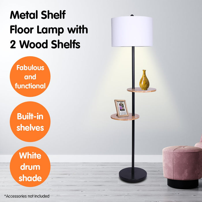 Sarantino Metal Floor Lamp Shade with Black Post in Round Wood Shelves-Home & Garden > Lighting-Koala Lamps and Lighting