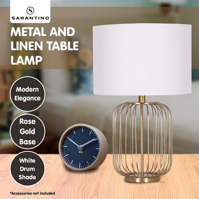 Sarantino Rose Gold Table Lamp with Linen Drum Shade-Home & Garden > Lighting-Koala Lamps and Lighting