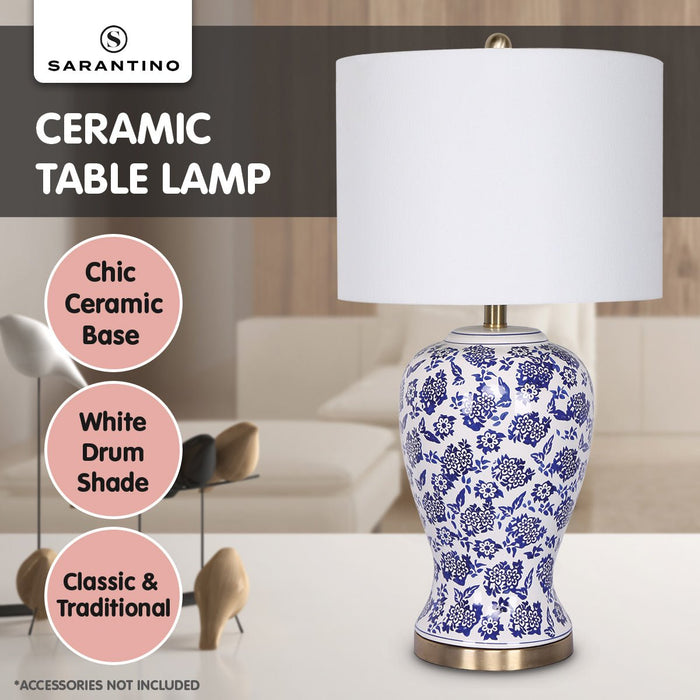 Sarantino Table Lamp Ceramic Floral Base Cotton Drum Shade-Home & Garden > Lighting-Koala Lamps and Lighting