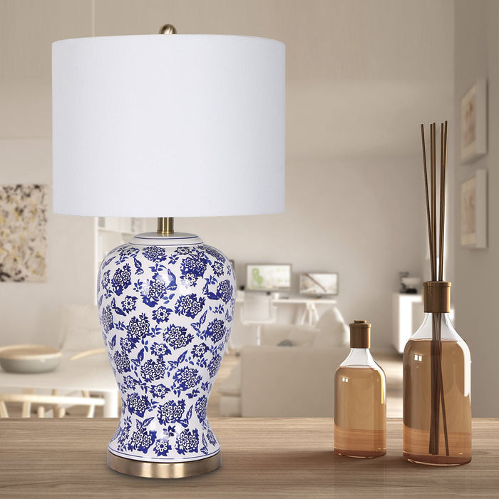 Sarantino Table Lamp Ceramic Floral Base Cotton Drum Shade-Home & Garden > Lighting-Koala Lamps and Lighting