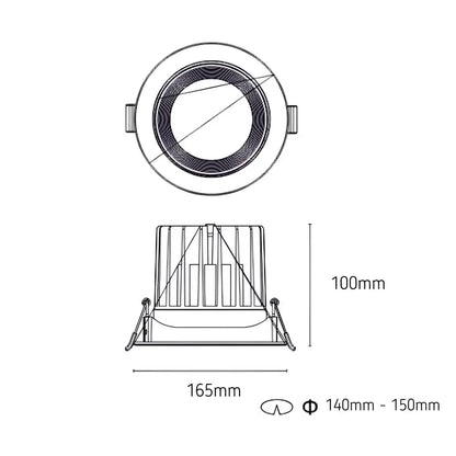 35W COB Tilt Tri Colour Dimmable LED Downlight 150mm cut out