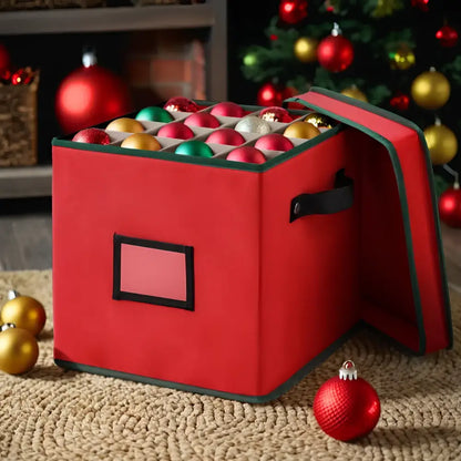 Red ornament storage box for Christmas baubles with 64 dividers and ornaments container