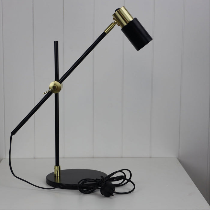 Charlie Desk Lamp Black and Satin Brass (With Globe)-TABLE AND FLOOR LAMPS-Oriel