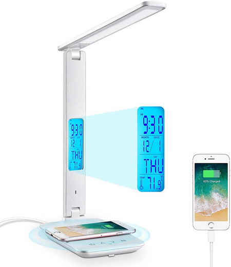 LED Desk Lamp with Fast Wireless Charger Clock Alarm Date Temperature-Home & Garden > Lighting-Dropli