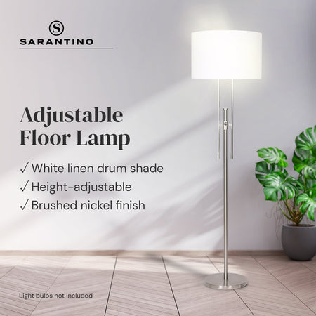 Sarantino Brushed Nickel Height-Adjustable Metal Floor Lamp-Home & Garden > Lighting-Koala Lamps and Lighting